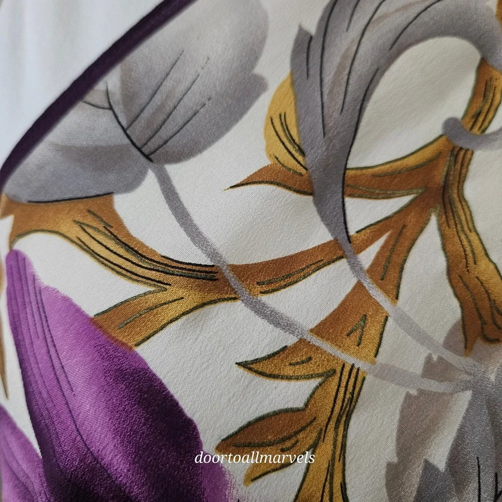 Vintage Oscar de la Renta Silk Scarf Floral Baroque Crepe de Chine Metallic Gold - Picture 7 of 11